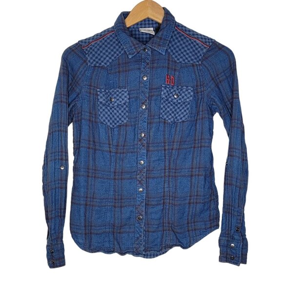 Harley Davidson Small Blue Long Sleeve Button Down Embroidered Back Shirt‎ S - Picture 1 of 6